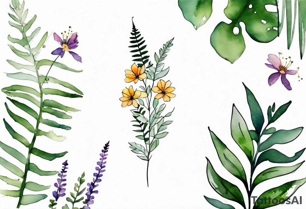 vertical mixed wildflower with ferns and with watercolor tattoo idea