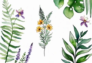 vertical mixed wildflower with ferns and with watercolor tattoo idea
