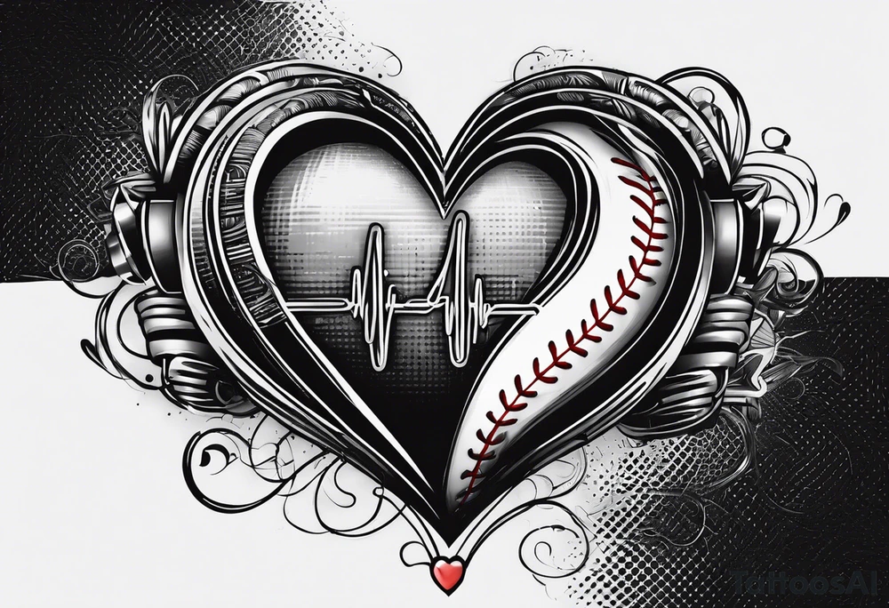 A heartbeat into a heart with baseball laces back into the heartbeat flatline that goes into a cursive DJ21 tattoo idea