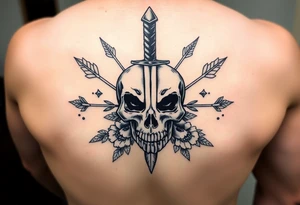 Half sleeve design. High resolution. Realistic skull with dagger through the top of it. Surrounds by arrows, flowers and leaves. Symmetrical tattoo idea