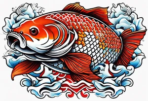 Koi fish with some Japanese symbols meaning love or peace and a Japanese style mask or helmet with sword tattoo idea