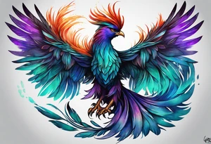 Phoenix on hip down into thigh with feathers that have teal purple and blue from the Ashes I rise long tail featgers tattoo idea