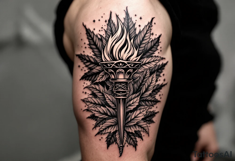 Leadership torch with a background of a lot of fig leaves tattoo idea