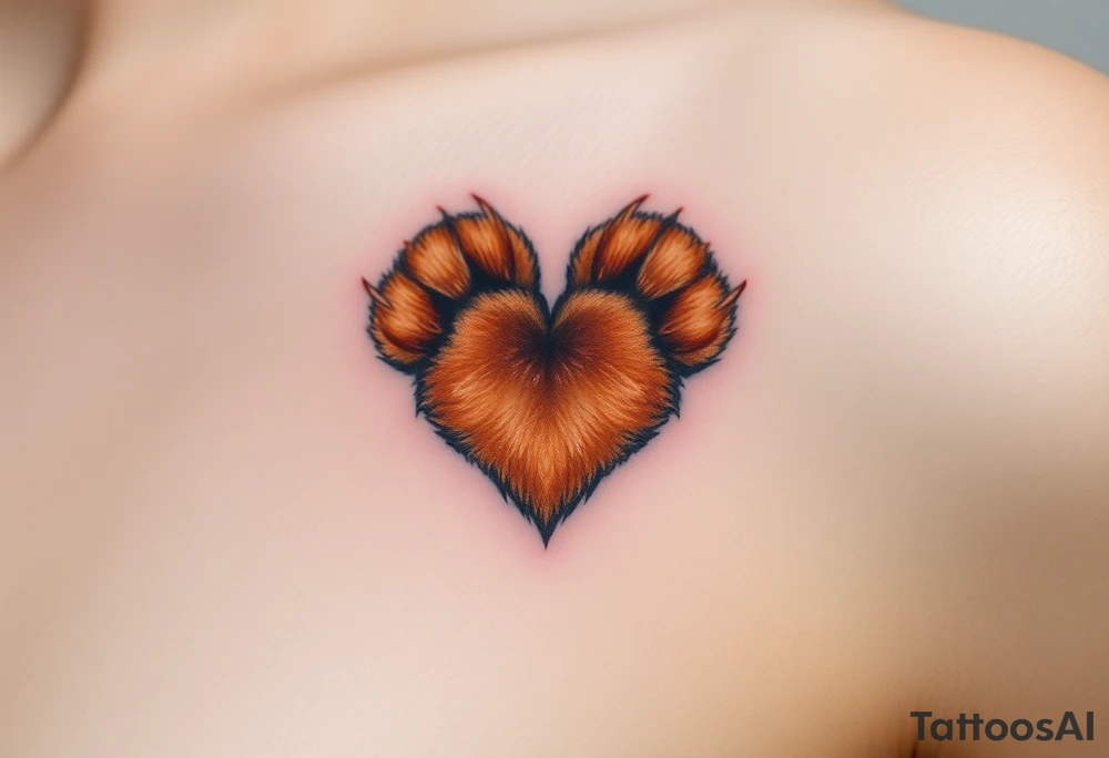 A hyper-realistic dog paw forming a heart, with fine fur details and warm shades of golden brown, caramel, and soft beige for a lifelike effect tattoo idea
