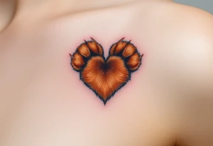 A hyper-realistic dog paw forming a heart, with fine fur details and warm shades of golden brown, caramel, and soft beige for a lifelike effect tattoo idea