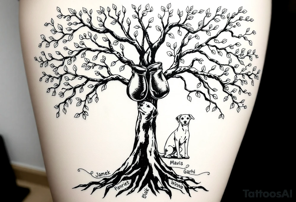 Hippy beech tree full of life. 
Jamie, Derek, Iris, John, bill, Winnie names in the roots, Mavis, Garhi, Mickey, Pam, Lucy, in the branches at the top. Names can be in Hebrew. 
Three dogs a Rhodesian Ridgeback, King Charles cavalier and chihuahua. 
Prett, feminine ornate. Boxing gloves hanging from tree tattoo idea