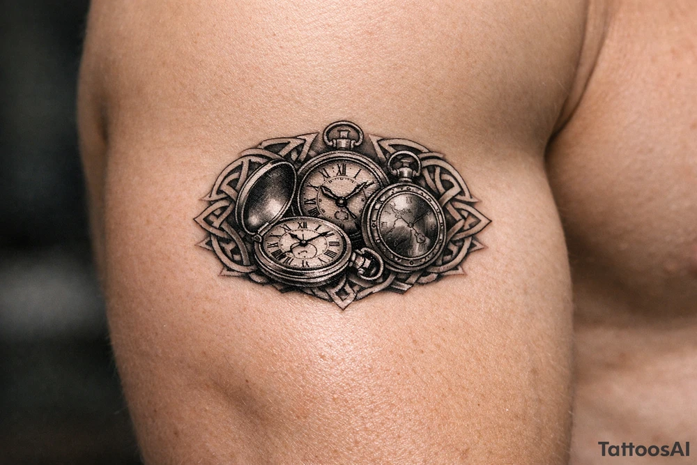 A trio of pocket watches, open and closed, framed by Celtic spirals. tattoo idea