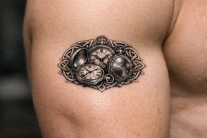 A trio of pocket watches, open and closed, framed by Celtic spirals. tattoo idea