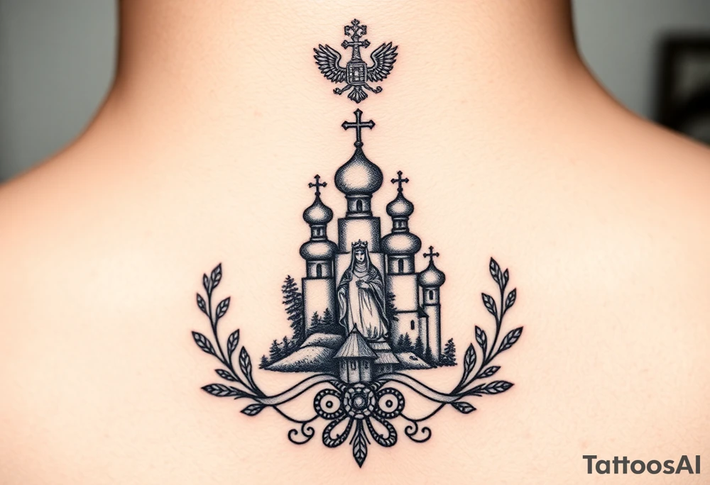 Traditional authentic Russian coat of arms with a Christian orthodox virgin marry in the middle and silhouette in a Russian wilderness Christian orthodoxy dome church village setting tattoo idea
