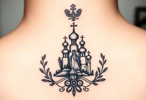 Traditional authentic Russian coat of arms with a Christian orthodox virgin marry in the middle and silhouette in a Russian wilderness Christian orthodoxy dome church village setting tattoo idea