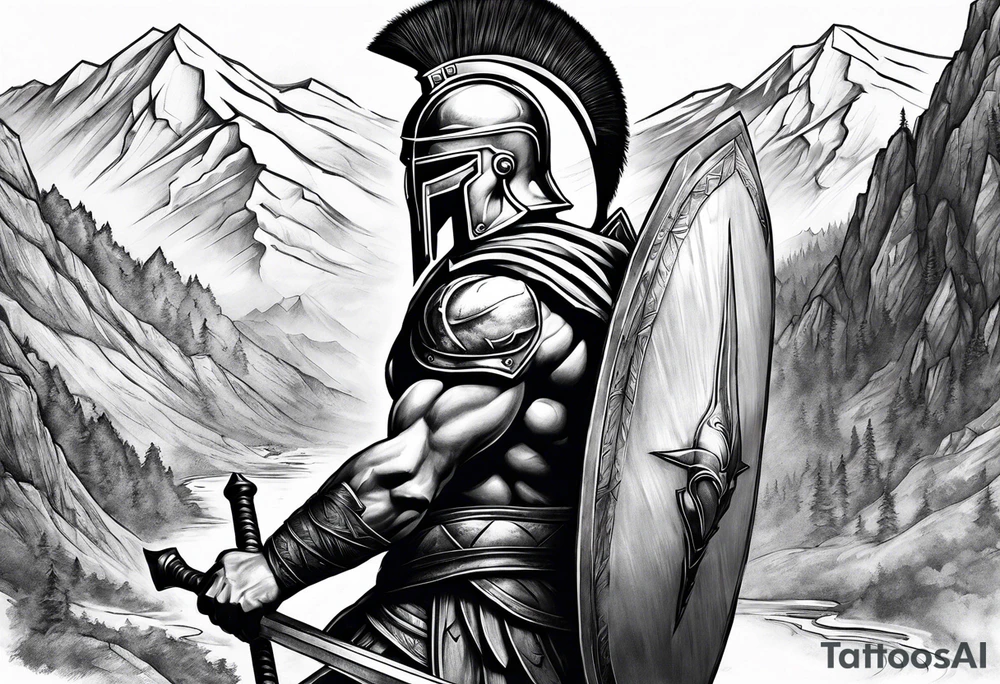 Spartan Warrior Wielding A Sword Surrounded By Mountains Tattoo Idea tattoo idea