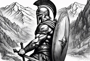 Spartan Warrior Wielding A Sword Surrounded By Mountains Tattoo Idea tattoo idea