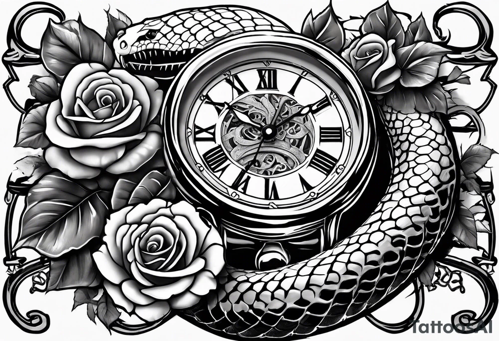 King cobra wrapped around an old broken watch clock with dead roses all around in the background tattoo idea