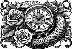 King cobra wrapped around an old broken watch clock with dead roses all around in the background tattoo idea