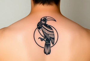 image of a Kalimantan ivory hornbill perched in a circle with a Dayak motif tattoo idea
