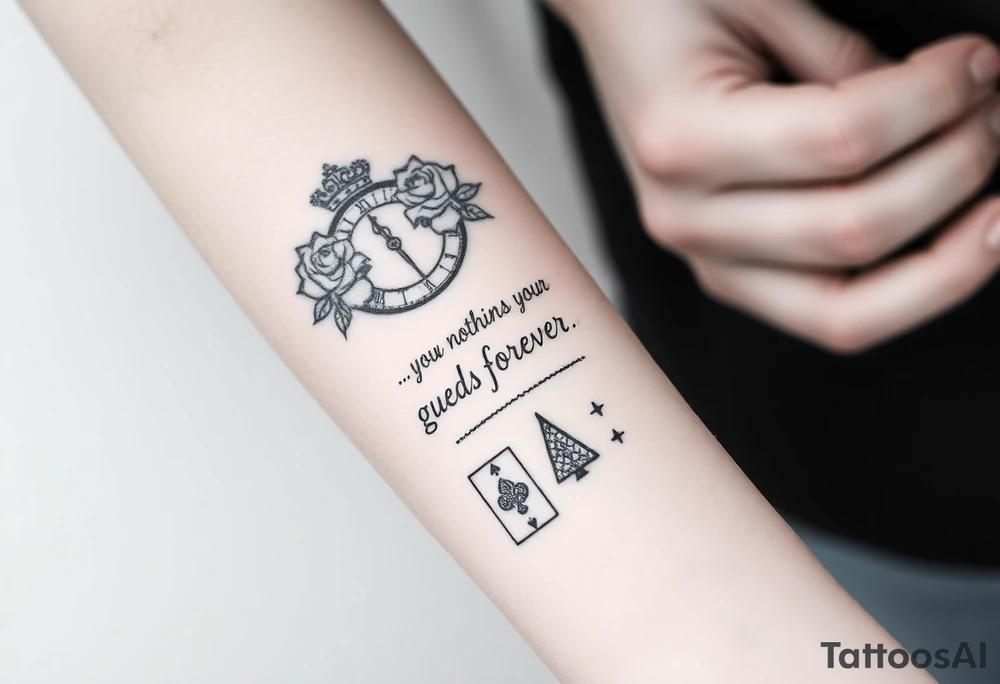 Roman clock with roses and a crown, a quote that says nothings forever. and on the bottom a deck of cards tattoo idea