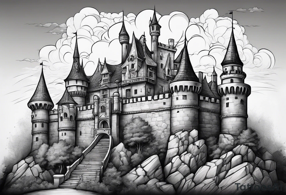 A Castle with legs and arms tattoo idea