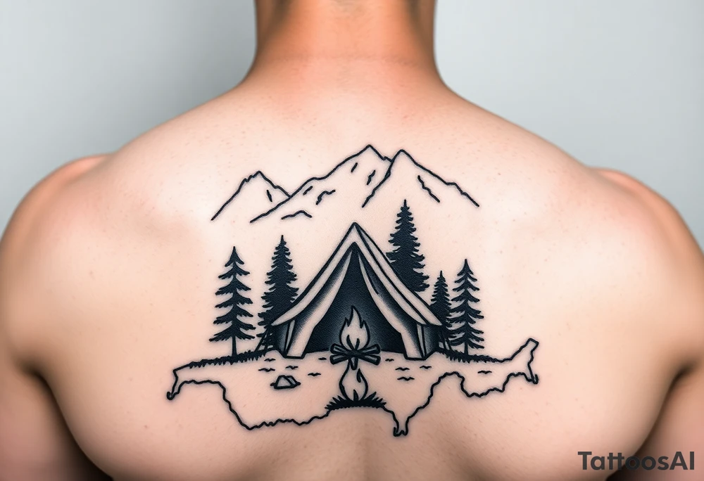 Simplistic, black and white tattoo. A little camping tent, with a fire, in the woods, surrounded by alps and a couple pine trees. The tattoo must be inside the contour of the Switzerland map tattoo idea