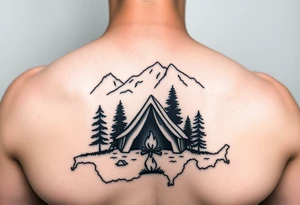 Simplistic, black and white tattoo. A little camping tent, with a fire, in the woods, surrounded by alps and a couple pine trees. The tattoo must be inside the contour of the Switzerland map tattoo idea