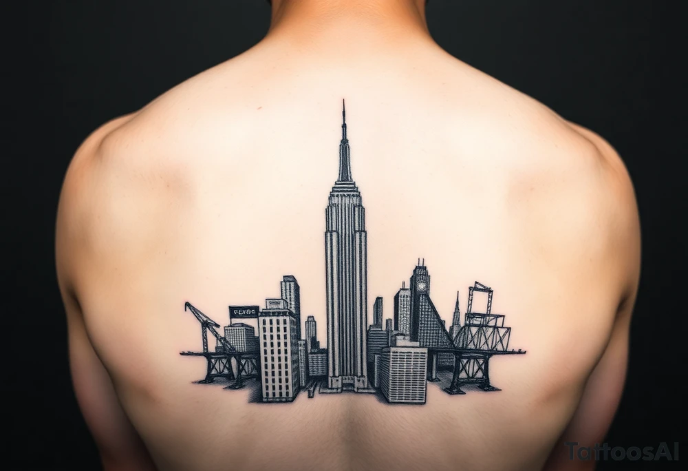 Hyper realistic, New York City cityscape with New York knicks logo tattoo idea