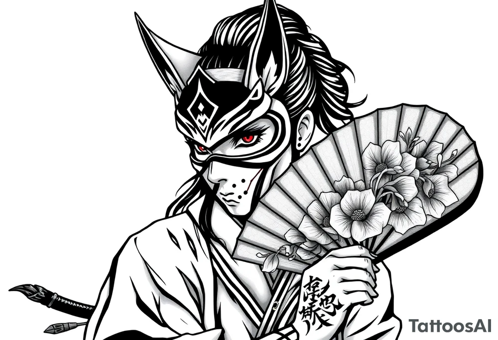 japanese samurai woman with red eyes wearing a kitsune half-mask and holding a fan with irises flowers ornement tattoo idea
