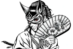 japanese samurai woman with red eyes wearing a kitsune half-mask and holding a fan with irises flowers ornement tattoo idea