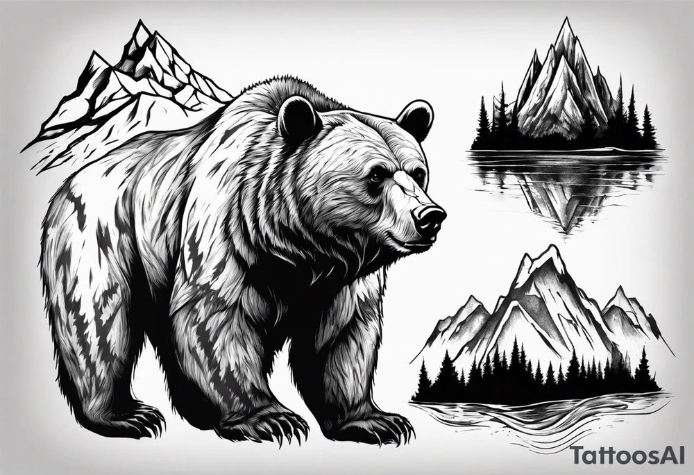 Bear with mountains, forest, rivers etc inside of it tattoo idea
