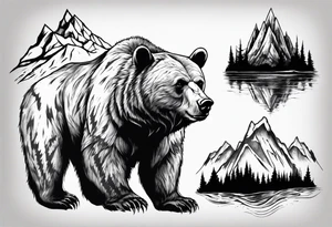 Bear with mountains, forest, rivers etc inside of it tattoo idea