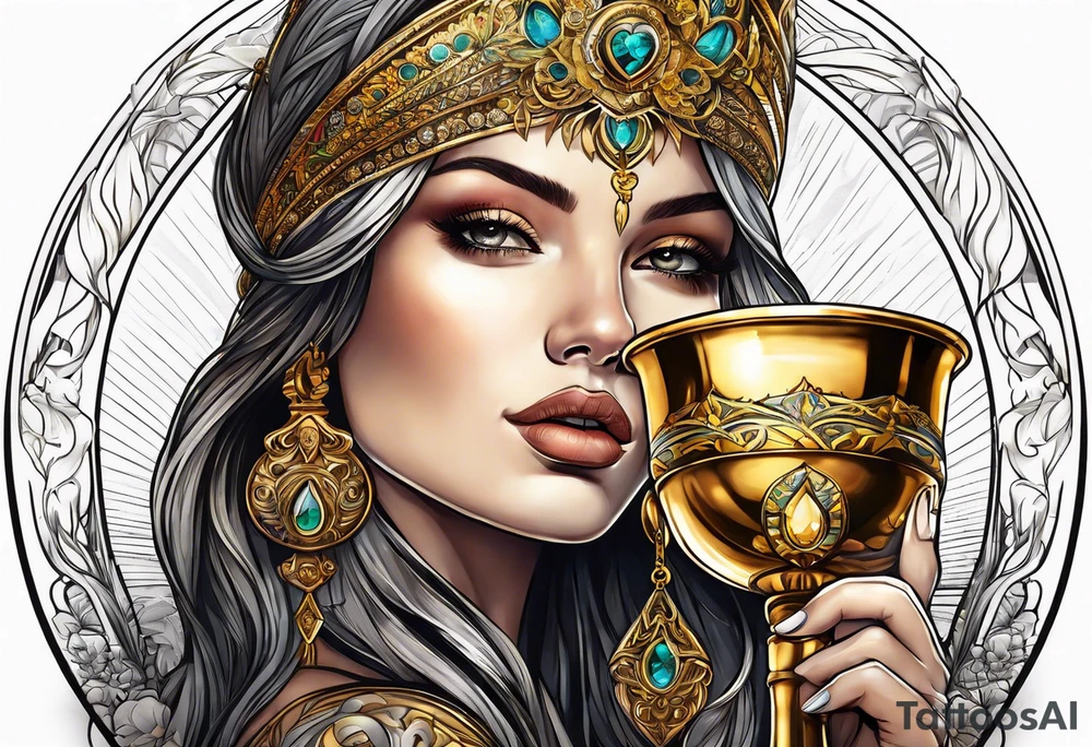 woman holding chalice surrounded by golden halo tattoo idea