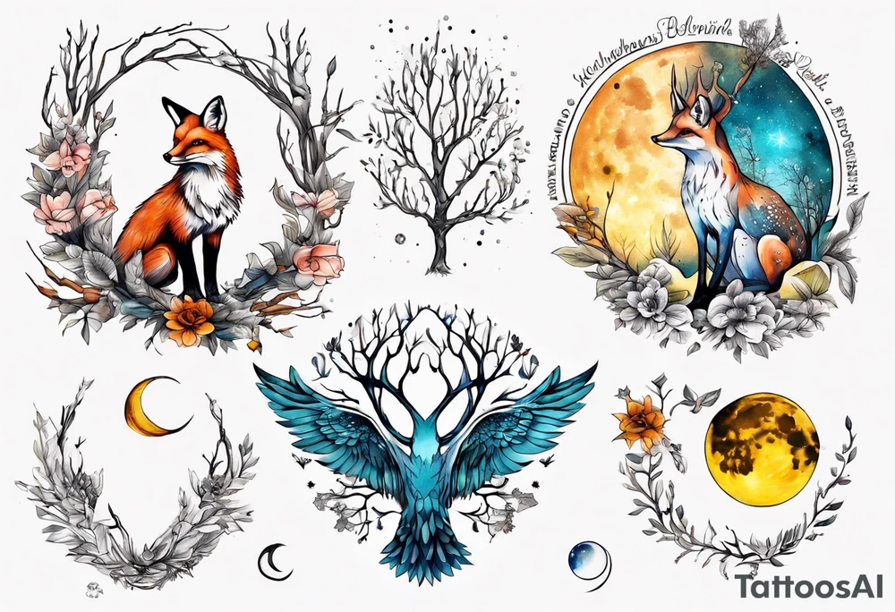 wasser sonne und mond fuchs eule kolibri wald hirsch blume des lebens 
baum berlin tattoo idea