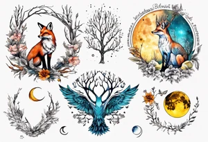 wasser sonne und mond fuchs eule kolibri wald hirsch blume des lebens 
baum berlin tattoo idea