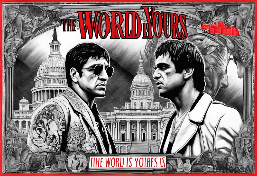 The world is yours statues from scarface movie with red letters 3d tattoo idea