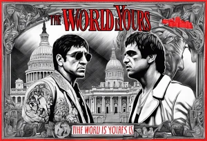 The world is yours statues from scarface movie with red letters 3d tattoo idea