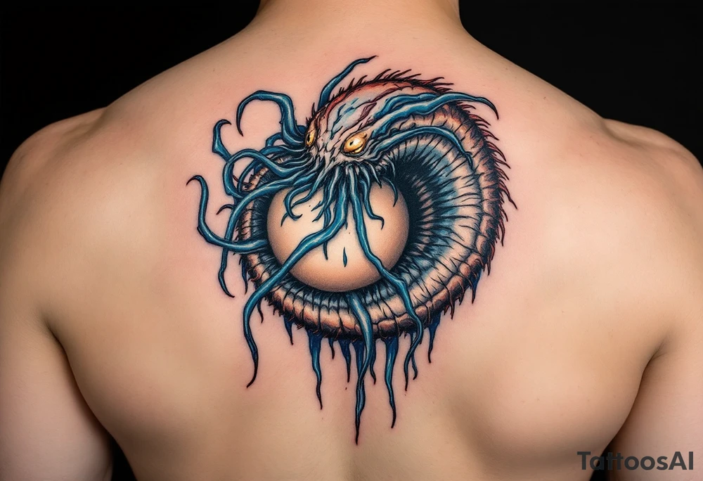 The facehugger curled around an egg, with slimy, translucent tendrils in blue, evoking the creature's parasitic nature. tattoo idea