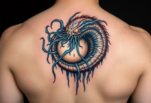 The facehugger curled around an egg, with slimy, translucent tendrils in blue, evoking the creature's parasitic nature. tattoo idea