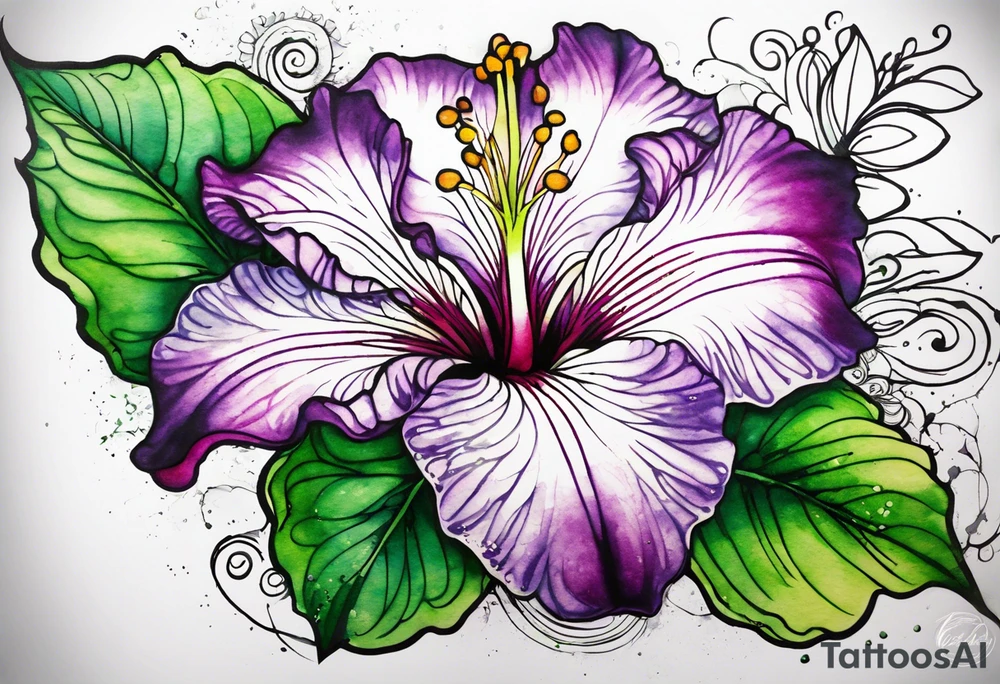 A mystical outline of a green and purple rio dipladenia flower and a green and purple watercolor splash in the background tattoo idea