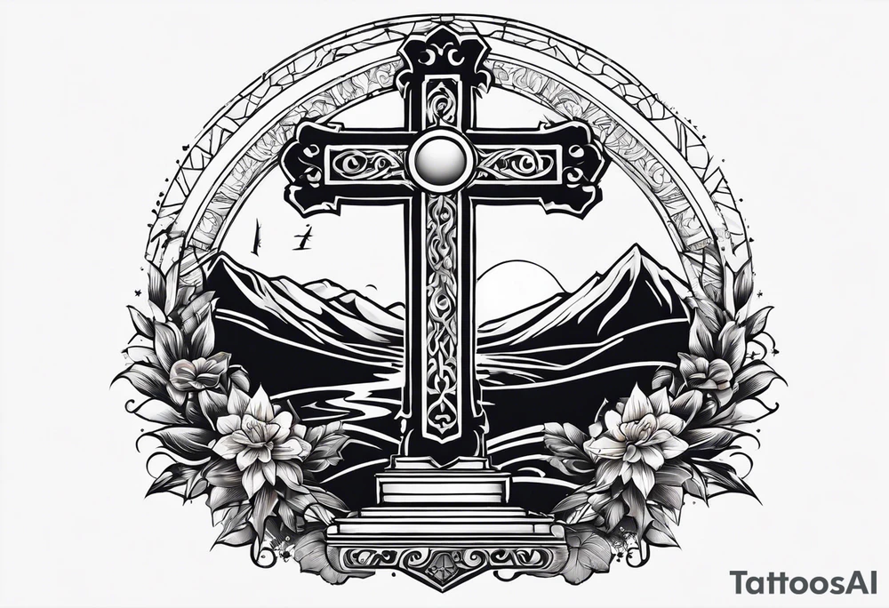 Tomb with cross and sun in the background tattoo idea