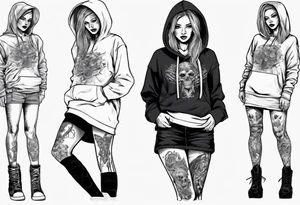 A girl in short skirt wearing a hoodie with her legs crossed tattoo idea