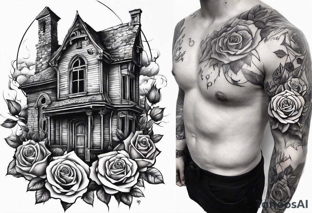 fool sleeve,, abandoned old gotic house, broken sword, roses, tattoo idea