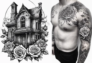 fool sleeve,, abandoned old gotic house, broken sword, roses, tattoo idea