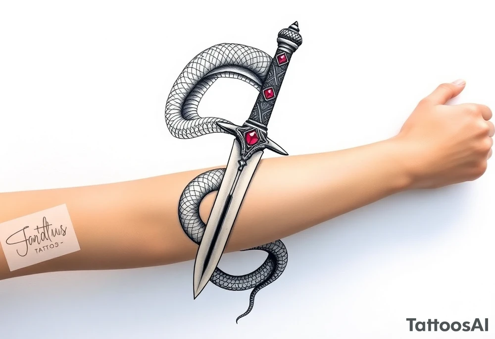 mystical snake coiled around an ancient dagger with jeweled hilt tattoo idea