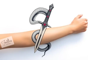 mystical snake coiled around an ancient dagger with jeweled hilt tattoo idea