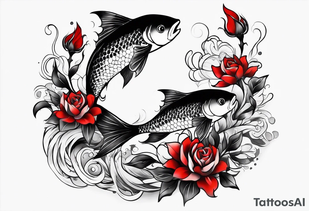 pisces with black and red flowers tattoo idea