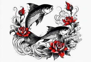 pisces with black and red flowers tattoo idea