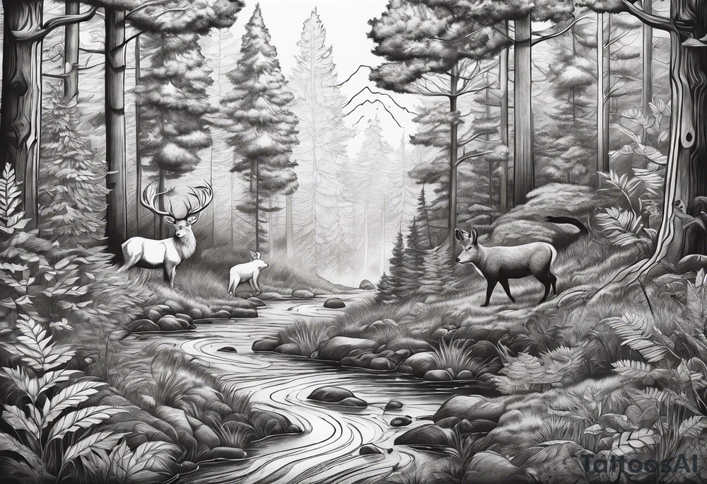 Forest with a lot of trees and animals exploring tattoo idea