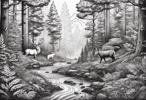 Forest with a lot of trees and animals exploring tattoo idea