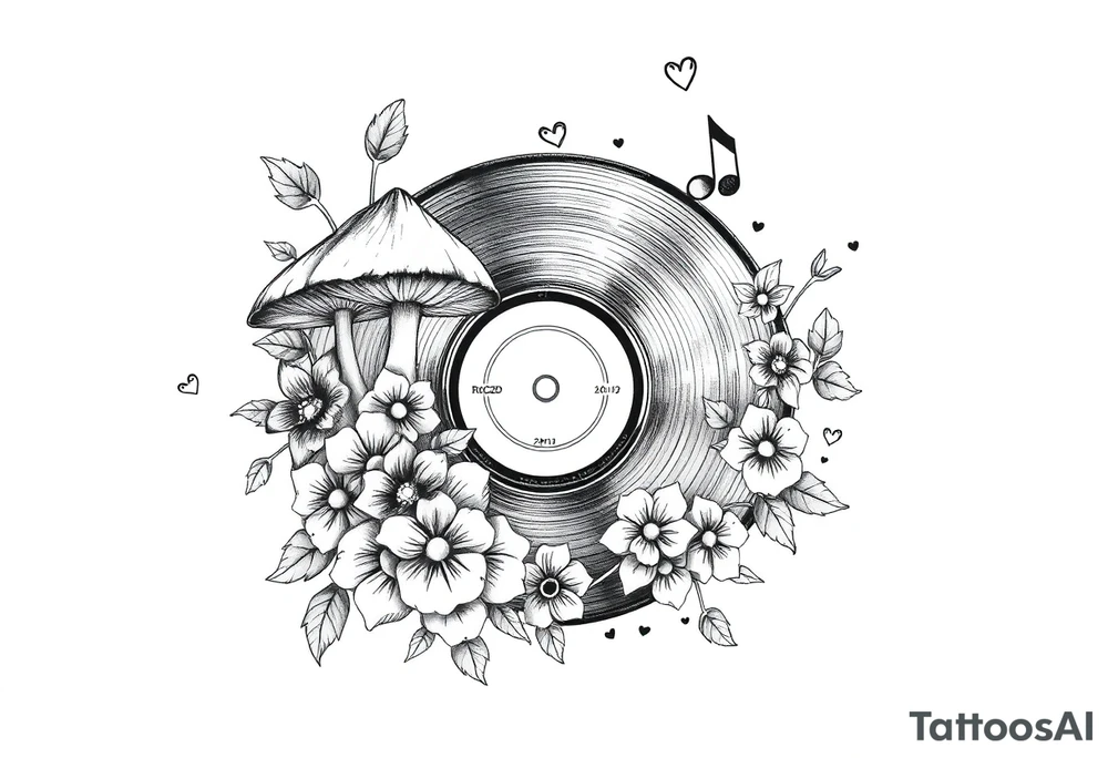 vinyl record with mushrooms, flowers, hearts, and music notes tattoo idea