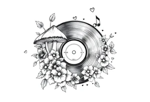 vinyl record with mushrooms, flowers, hearts, and music notes tattoo idea