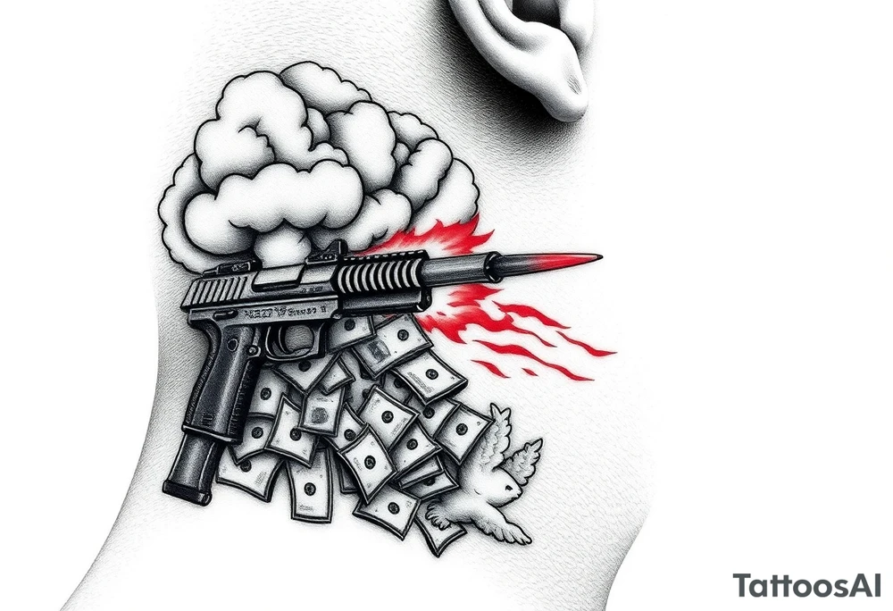 deepfull description of details with clouds,fire guns, money,angels and red for the side of neck tattoo idea