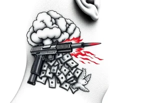 deepfull description of details with clouds,fire guns, money,angels and red for the side of neck tattoo idea